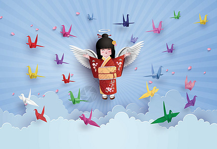 身着国服和折纸鸟飞的日本女孩鸽子工艺天空艺术动物纸艺起重机图片