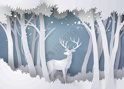 雪地森林中的鹿插图哺乳动物喇叭乐趣工艺驯鹿剪纸创造力季节性海报背景图片