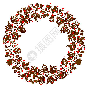 白色背景上的棕色月桂花环矢量帧民间装饰品插图花圈婚礼橙子边界叶子感恩框架图片