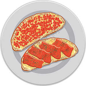 三明治加红鱼子酱午餐海鲜白色美食红色盘子面包黄油插图食物图片