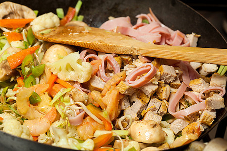 配有鸡肉 猪肉 果酱和虾的蔬菜青菜黄油煎锅肉类食物烹饪美食调味品炒锅芹菜图片