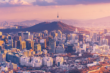 首尔市天际日落 韩国最佳景象办公室旅行城市建筑物景观地标商业场景风景市中心图片