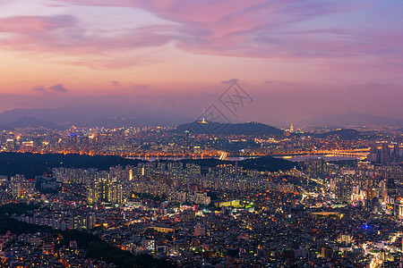 首尔市天线 韩国最佳景色建筑学日落市中心天际景观风景场景建筑物办公室商业图片