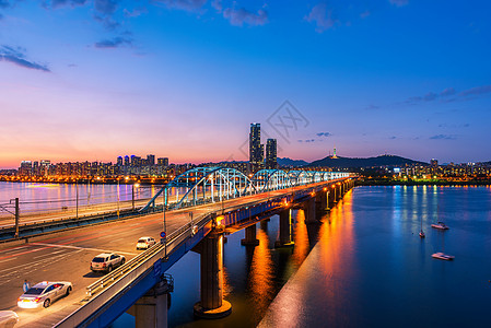 韩国 晚上在汉城 南韩城市天际铜雀商业场景地标市中心风景建筑学旅行天线建筑背景图片