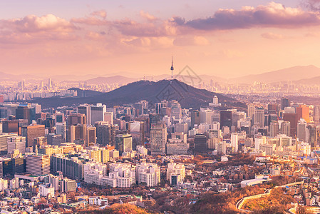 首尔市天际日落 韩国最佳景象天线天空生活城市旅行爬坡建筑学建筑物地标文化图片