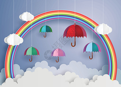折叠雨伞空中有彩虹的多彩雨伞设计图片