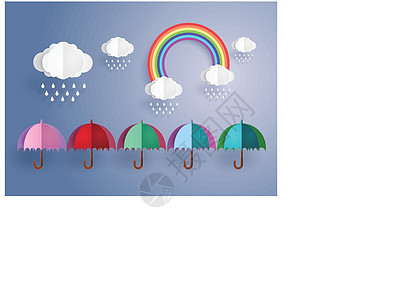 五颜六色的伞在雨中与彩虹图片