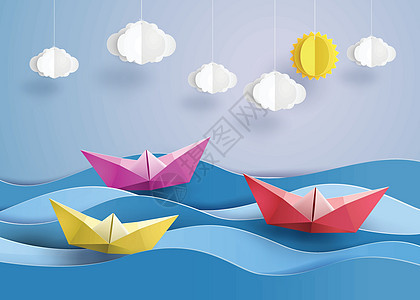 纸帆船天空海浪脂肪巡航程式化旅游漂浮游艇海洋纸艺图片