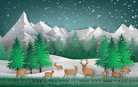 森林中的鹿乐趣艺术森林冰山家庭雪花插图剪纸季节性驯鹿图片