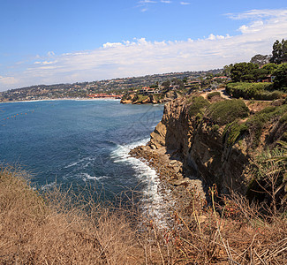 南加利福尼亚州海岸线岩石全景晴天海岸游泳蓝天海洋海滩太阳悬崖图片