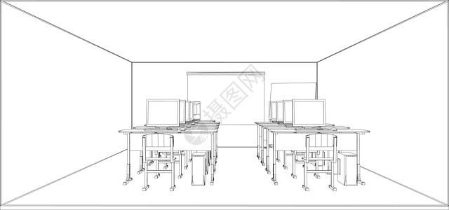 带桌子和电脑的电脑课艺术学习房间课堂办公室大学教育学校木板插图图片