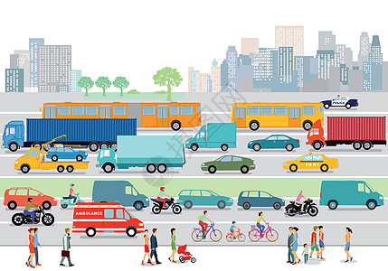 汽车拥有公路交通和行人的大城市插画