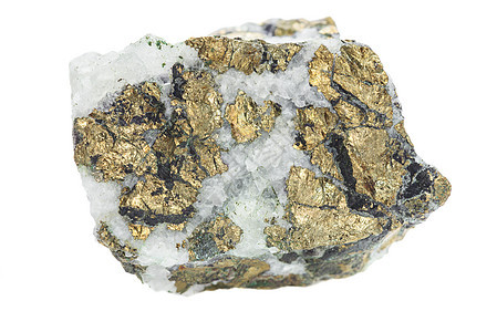 以石英形式在白色上隔离的金属收藏水晶冶金材料石头矿物学宏观黄色矿石图片