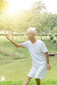 老年人户外健身功夫平衡姿势长老运动退休娱乐文化活力武术图片