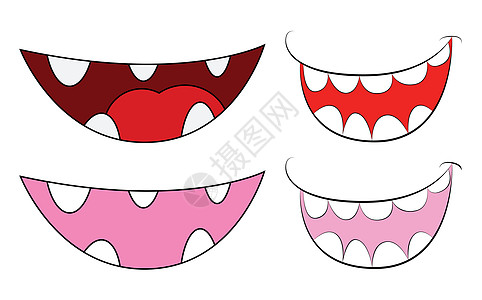 卡通与牙齿和舌头套 在白色背景上隔离的矢量图卡通片笑脸漫画嘴唇乐趣标识粉色红色涂鸦情感图片