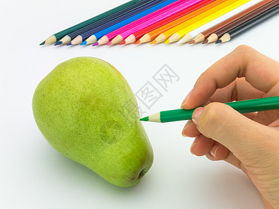 看上去像是在白色背景上画水果和蔬菜一样绿色创造力草图健康蓝色彩色橙子绘画铅笔植物图片