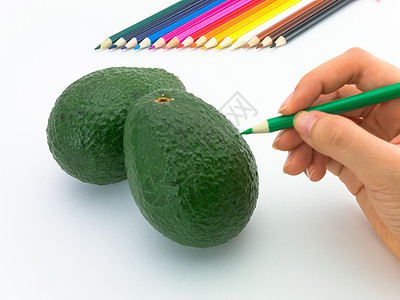 看上去像是在白色背景上画水果和蔬菜一样彩色橙子健康蜡笔铅笔草图绿色蓝色绘画黄色图片