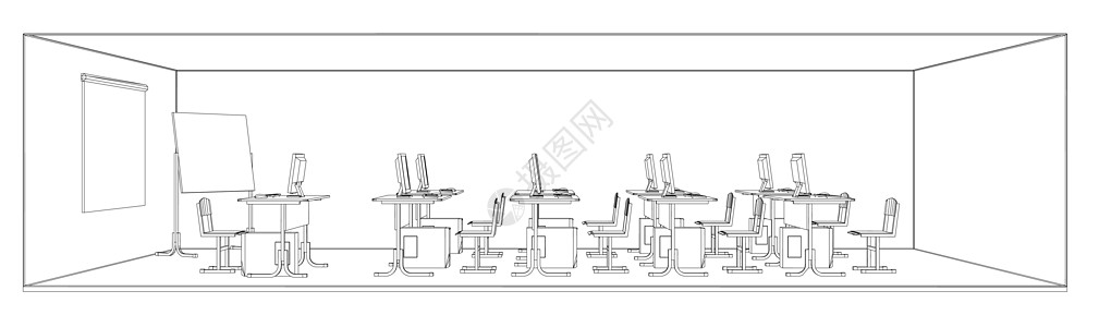 带桌子和电脑的电脑课技术教育知识艺术插图学校学习办公室课堂木板图片