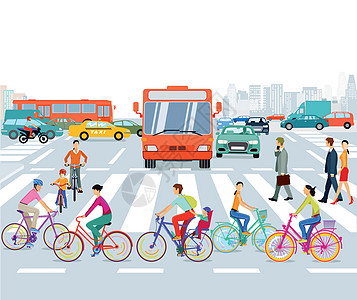 具有自行车和公路交通的城市 插图图片