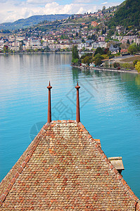 瑞士Chillon城堡顶楼建筑堡垒旅行水库历史蓝色旅游天空建筑学地标图片