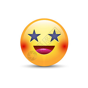 快乐的笑脸 眼睛呈星星状 带微笑的有趣卡通矢量图释 用于应用程序和聊天的可爱黄色笑脸乐趣插图扇子金子演员星星眼镜情感电影派对图片