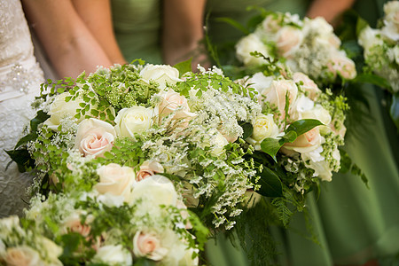 带着美丽的绿色 粉红和白玫瑰的新娘和新娘玫瑰花朵伴娘裙子满天星婚礼草药白色粉色图片
