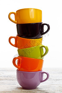 咖啡或茶杯制品橙子紫色杯子团体黄色白色陶瓷陶器绿色图片