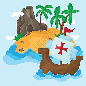 克里斯托弗·哥伦布的船只和棕榈树在海洋中的热带岛屿图片