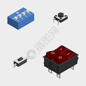3d 矢量图中的一组不同的电子按钮和开关塑料电气绘画插图活力等距电压材料控制剪贴图片