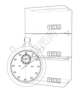 带纸板箱素描的秒表 韦克托闹钟绘画计时器纸板货物商品时间蓝图插图技术图片