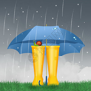 带雨伞的雨靴天气蜗牛气象插图草地靴子雨鞋背景图片