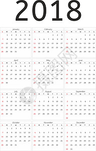 日历 2018 年简单样式 每周从周日开始卡片日程时间办公室插图商业英语数字规划师日记图片