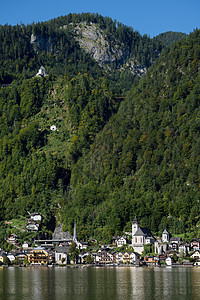 Hallstat湖的Hallstat 视图世界山脉城市旅游建筑学建筑物风景树木天空高山图片