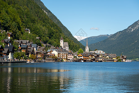 Hallstat湖的Hallstat 视图树木旅行蓝色房屋建筑学世界反射历史性建筑物地标图片