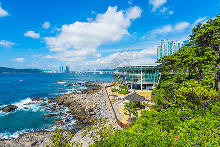 南韩釜山市万安桥云台运输建筑金融景观风景建筑学天空城市市中心图片