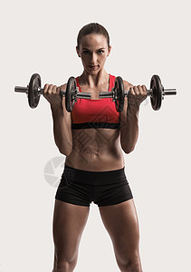 健康和强健运动员工作室健身房女性女孩力量白色腹肌二头肌肌肉图片