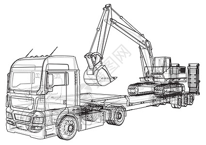 低床卡车拖车和挖掘机 线框  EPS10 格式  3 的矢量渲染等距商业挖掘液压货运图表甲板机械牵引车辆图片