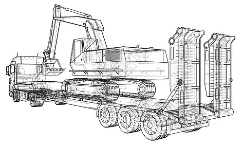 低床卡车拖车和挖掘机 线框  EPS10 格式  3 的矢量渲染插图物流货运牵引甲板信息多边形液压商业工业图片