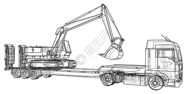 低床卡车拖车和挖掘机 线框  EPS10 格式  3 的矢量渲染物流液压货运工业运输货物图表收藏车辆信息图片
