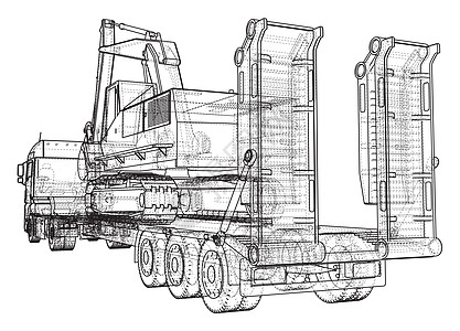 低床卡车拖车和挖掘机 线框  EPS10 格式  3 的矢量渲染送货收藏甲板拖拉机货车货运挖掘信息液压商业图片