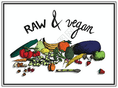 用手写成生菜素和素食品的彩色水果和蔬菜图示图片