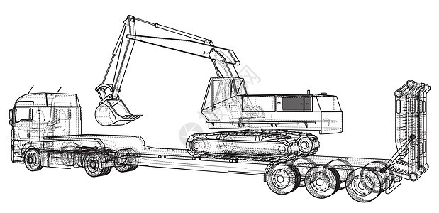 低床卡车拖车和挖掘机 抽象绘图 追踪 3d 的插图图表等距收藏物流拖拉机货物商业货车甲板牵引图片