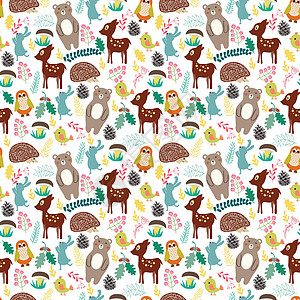 无缝模式 在米地背面带有可爱的卡通漫画森林动物g猫头鹰织物树叶刺猬婴儿艺术墙纸纺织品风格插图图片