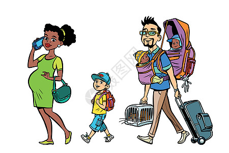 多民族家庭旅行者妈妈爸爸和孩子孩子们混血儿沙鼠行李流行音乐妻子大家庭男人巡航丈夫图片