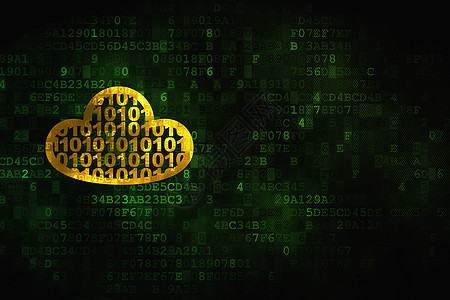 云计算概念云与数字背景上的代码计算监视器像素化互联网技术高科技网络黄色软件数据图片