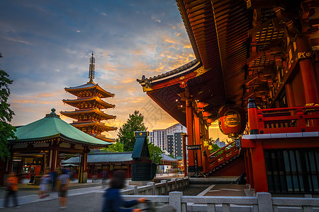 日本东京Senso-ji寺庙日落时Hondo和塔台图片