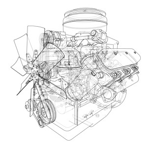车 引擎发动机草图 韦克托绘画齿轮草稿蓝图项目车轮打印技术墨水插图插画