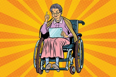 坐在轮椅上的年长妇女残疾人小工具桌图片