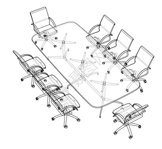带椅子的会议桌素描万科办公室墨水内阁房间涂鸦谈判家具桌子环境扶手椅图片