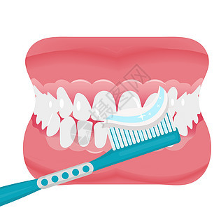 有牙齿和牙刷图标平面样式的下巴 张开嘴假牙 牙科医学概念 孤立在白色背景上 矢量图图片